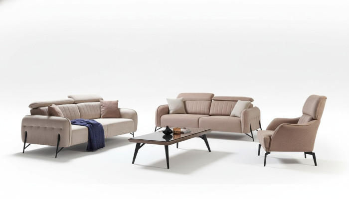 Beige woonkamer bankstel ontwerper 2x stoffen fauteuil 3-zits 3-delig.