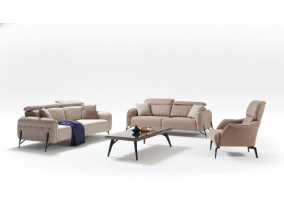 Beige woonkamer bankstel ontwerper 2x stoffen fauteuil 3-zits 3-delig.