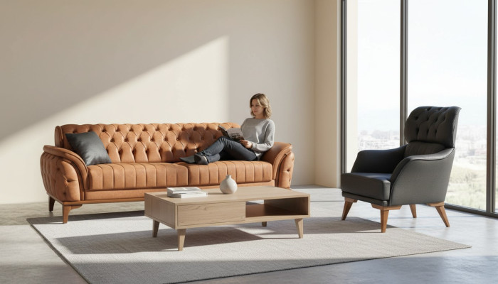 Oranje-zwarte Chesterfield-set Luxueuze driezitsstoel 2-delig