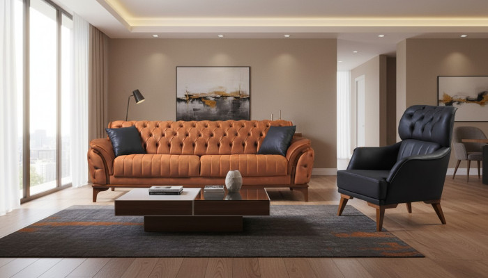 Oranje-zwarte Chesterfield-set Luxueuze driezitsstoel 2-delig