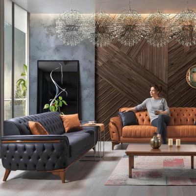 Chesterfield bankstellen Designer woonkamer set bekleding 2x textielbanken. Chesterfield bankstellen Designer woonkamer set met bekleding 2x stoffen banken.