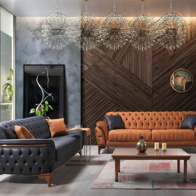 Chesterfield bankstellen Designer woonkamer set bekleding 2x textielbanken. Chesterfield bankstellen Designer woonkamer set met bekleding 2x stoffen banken.