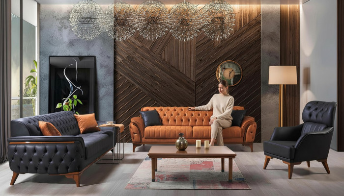 Zwart-oranje Chesterfield woonkamerset bankstellen fauteuils 4-dlg.
