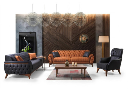 Zwart-oranje Chesterfield woonkamerset bankstellen fauteuils 4-dlg.