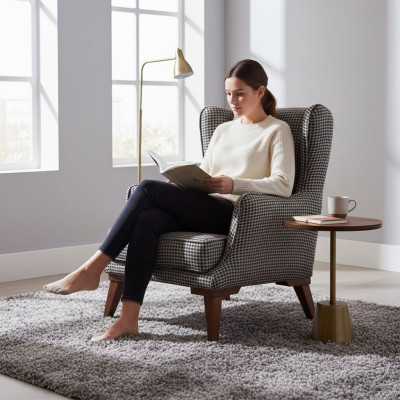 Geruite fauteuil gestoffeerd enkelzit grijze woonkamer textiel leunstoel
