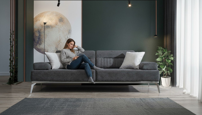 Grijze woonkamerbank van 3-zits stofbank modern luxueus design textielmateriaal.