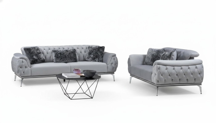 Grijze woonkamer stoffen bank Modern design Chesterfield textielmateriaal