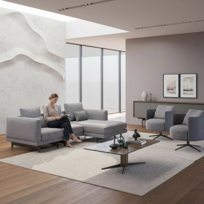 Woonkamer Compleet 4-delig 2x Fauteuil met Hoekbank L-vorm Designer Houten Salontafel