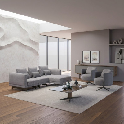 Woonkamer Compleet 4-delig 2x Fauteuil met Hoekbank L-vorm Designer Houten Salontafel