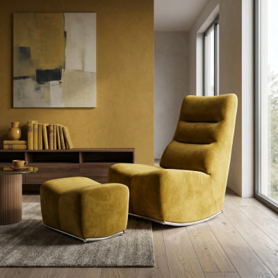 Luxe Geel Compleet Fauteuil met Voetenbank Zitmeubelen Woonkamer Ontwerper Textiel