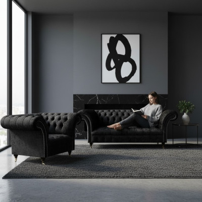 Zwarte volledig Chesterfield gestoffeerde luxe woonkamerinrichting.