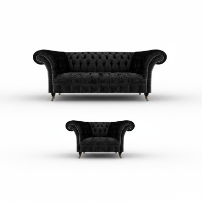 Zwarte volledig Chesterfield gestoffeerde luxe woonkamerinrichting.