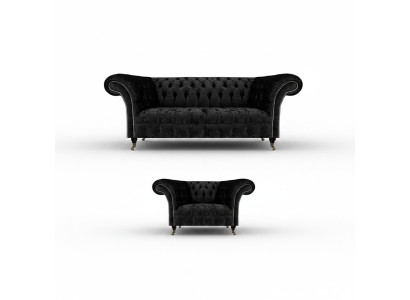 Zwarte volledig Chesterfield gestoffeerde luxe woonkamerinrichting.
