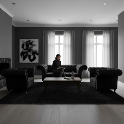 Luxe Zwart Compleet Chesterfield Bankstel Set Woonkamer Stoel Nieuw
