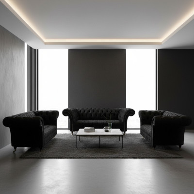 Luxe Zwart Compleet Chesterfield Bankstel Set Woonkamer Stoel Nieuw
