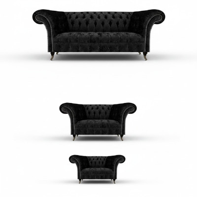 Luxe Zwart Compleet Chesterfield Bankstel Set Woonkamer Stoel Nieuw