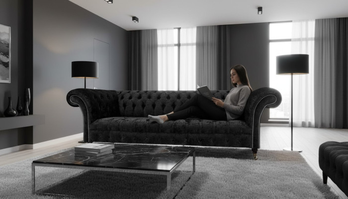Woonkamer Chesterfield vierzitsbank bank gestoffeerde meubels inrichting nieuw