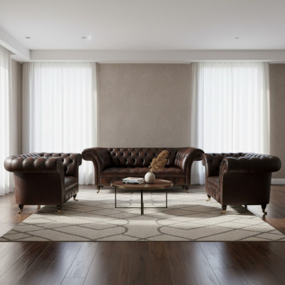 Luxe Bruin Leren Bankstel Woonkamer 2x Fauteuil Driepersoons Bank Chesterfield