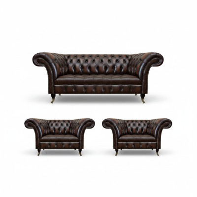 Luxe Bruin Leren Bankstel Woonkamer 2x Fauteuil Driepersoons Bank Chesterfield