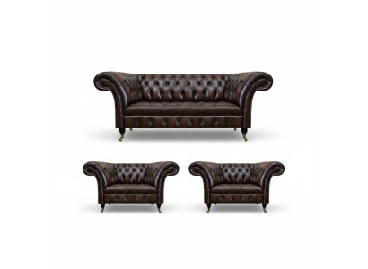 Luxe Bruin Leren Bankstel Woonkamer 2x Fauteuil Driepersoons Bank Chesterfield