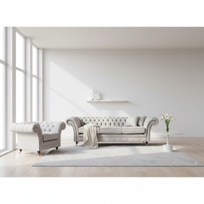 Grijs luxe set bank driezitsbank Chesterfield fauteuil woonkamer
