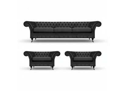 Chesterfield zwart gestoffeerde bankstel set 3-delig woonkamer 3+1+1