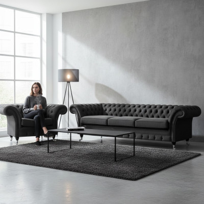Woonkamer Meubels Zwart Driepersoonsbank 3+1 Fauteuil Chesterfield