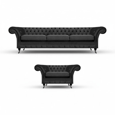 Woonkamer Meubels Zwart Driepersoonsbank 3+1 Fauteuil Chesterfield