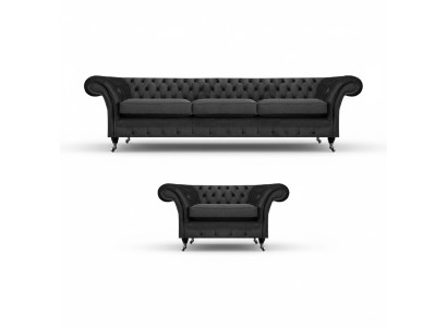 Woonkamer Meubels Zwart Driepersoonsbank 3+1 Fauteuil Chesterfield