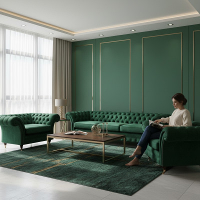 Groen meubilair woonkamer gestoffeerde Chesterfield set 3-delig 3+1+1 inrichting.