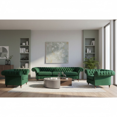 Groen meubilair woonkamer gestoffeerde Chesterfield set 3-delig 3+1+1 inrichting.