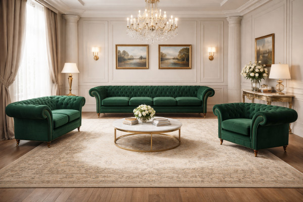 Meubels groen bankstellen Chesterfield fauteuils woonkamer 4+2+1 bankstel