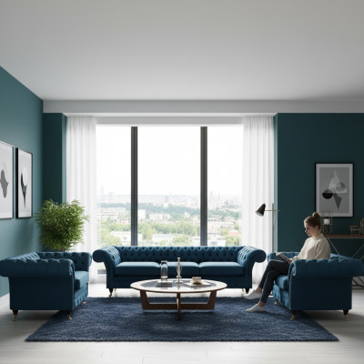 Luxe Blauw Woonkamer Set Chesterfield Inrichting Gestoffeerde Meubels Bankstellen Textiel