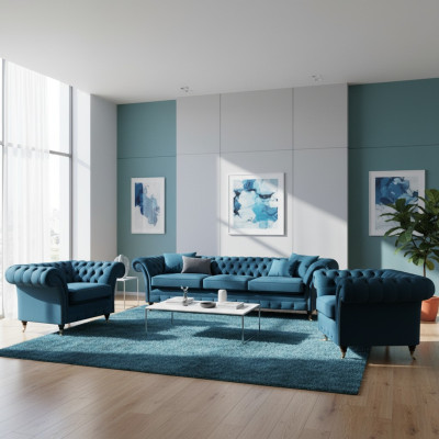 Luxe Blauw Woonkamer Set Chesterfield Inrichting Gestoffeerde Meubels Bankstellen Textiel