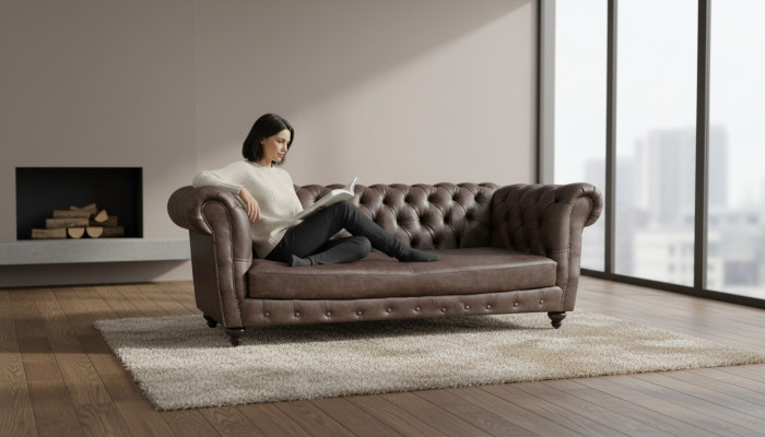 Bruine lederen driezitsbank, inrichting woonkamer Chesterfield.