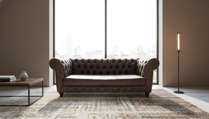 Bruine lederen driezitsbank, inrichting woonkamer Chesterfield.