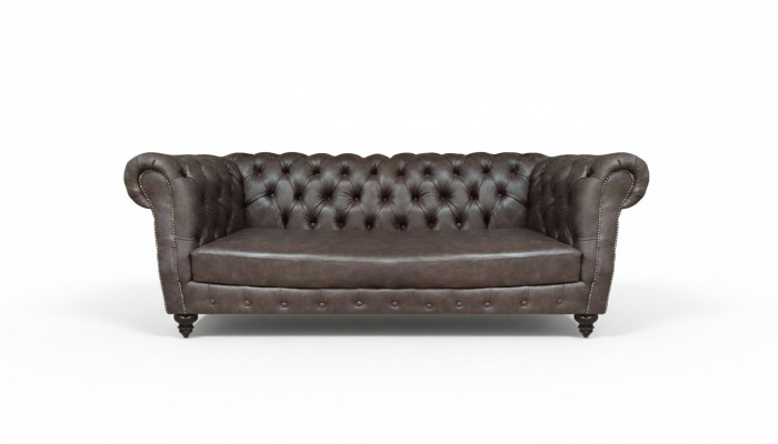 Bruine lederen driezitsbank, inrichting woonkamer Chesterfield.