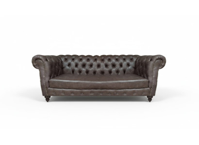 Bruine lederen driezitsbank, inrichting woonkamer Chesterfield.