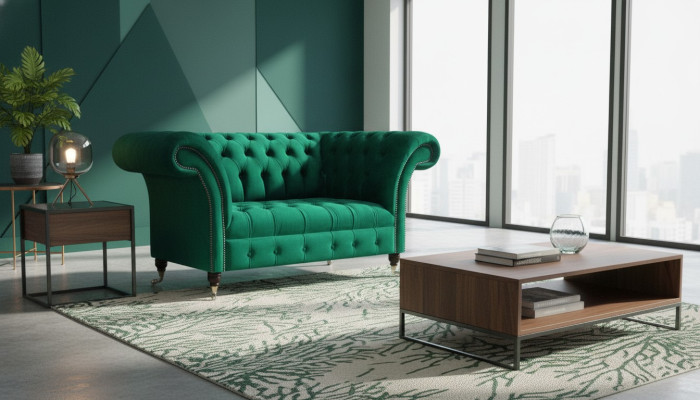 Chesterfield sofa tweezitsbank groen inrichting woonkamer gestoffeerde sofa