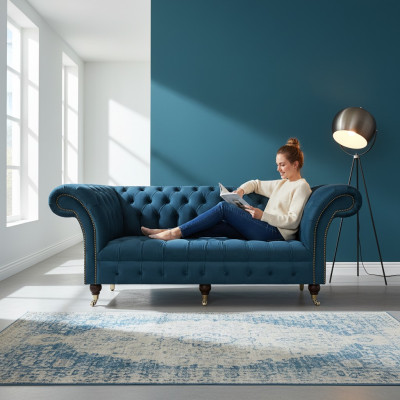 Blauwe Textiel Chesterfield Driezitsbank Sofa Zitmeubel Designer Modern Nieuw
