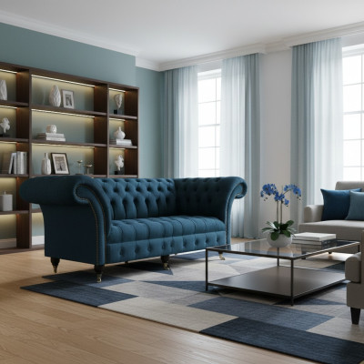 Blauwe Textiel Chesterfield Driezitsbank Sofa Zitmeubel Designer Modern Nieuw