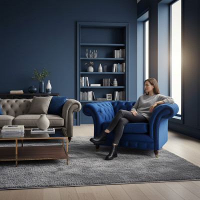 Blauwe fauteuil moderne Chesterfield zitmeubels luxe woonkamer inrichting