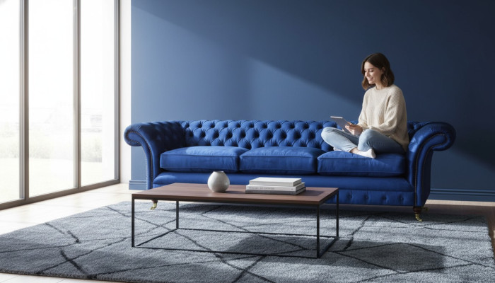 Chesterfield bank, driezitsbank, moderne zitmeubelen, interieur, stoffering, stof.