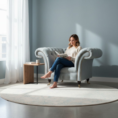 Chesterfield lichtgrijze fauteuil moderne woonkamer bekleding zitmeubels