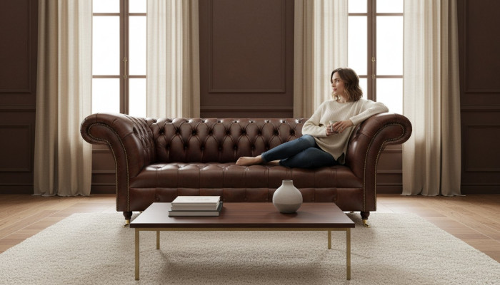 Exclusieve Chesterfield bruine leren bank moderne driezitter zitmeubel