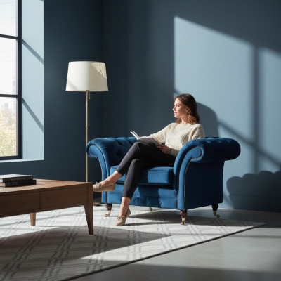 Blauwe woonkamer Chesterfield stoffen fauteuil luxe eenzitter stoffen meubel.