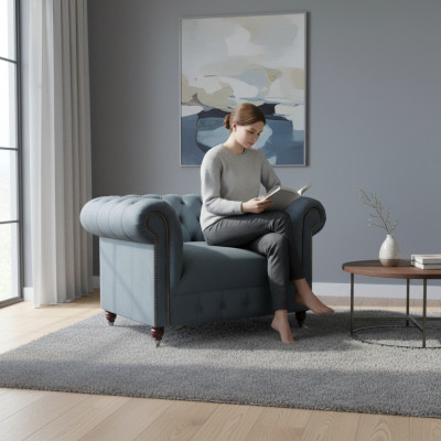 Chesterfield grijze stoffen fauteuil woonkamer textiel eenzitter elegante stoel