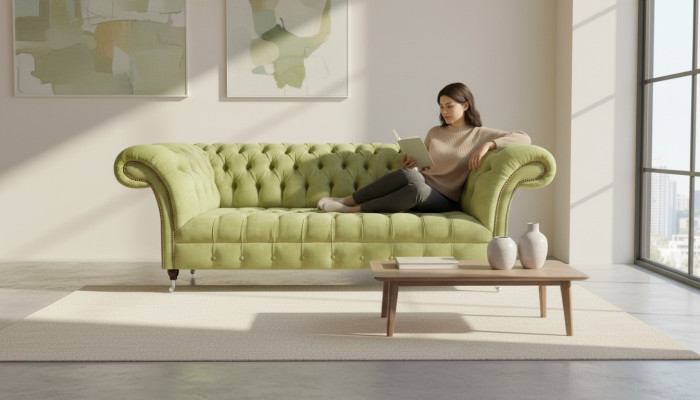 Chesterfield lichtgroene bank moderne woonkamer driezitter luxe meubels