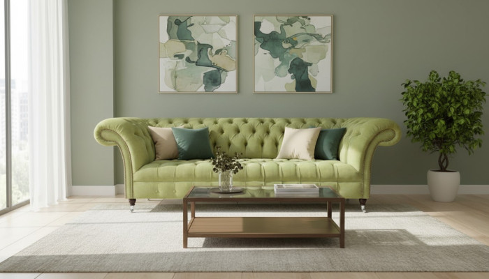 Chesterfield lichtgroene bank moderne woonkamer driezitter luxe meubels