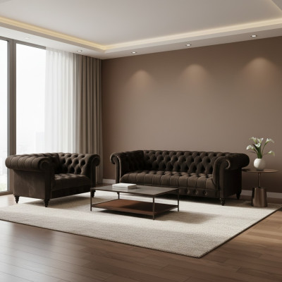 Bruine Chesterfield bekleding set designer 3-zits bank textiel fauteuil 2-delig